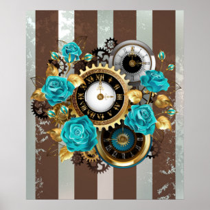 Affiche Steampunk Clock and Turquoise Roses on Striped