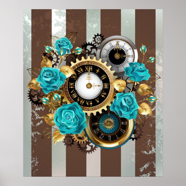 Affiche Steampunk Clock and Turquoise Roses on Striped (Devant)