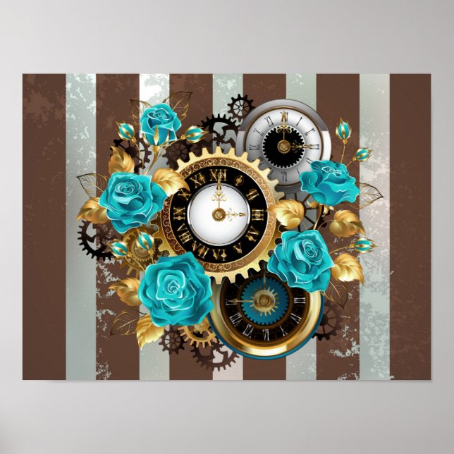 Affiche Steampunk Clock and Turquoise Roses on Striped (Devant)