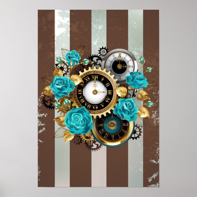 Affiche Steampunk Clock and Turquoise Roses on Striped (Devant)