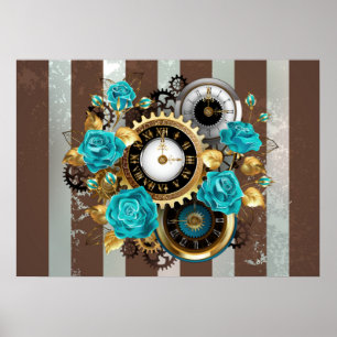 Affiche Steampunk Clock and Turquoise Roses on Striped