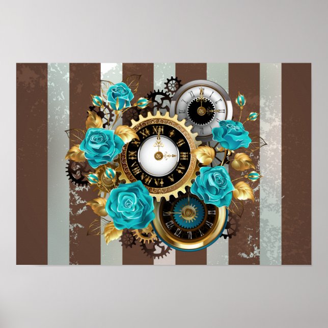 Affiche Steampunk Clock and Turquoise Roses on Striped (Devant)