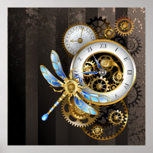 Affiche Steampunk Clock with Mechanical Dragonfly