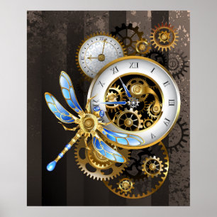 Affiche Steampunk Clock with Mechanical Dragonfly