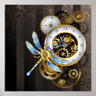 Affiche Steampunk Clock with Mechanical Dragonfly