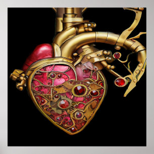 Affiche Steampunk Coeur Anatomique rubis et engrenages
