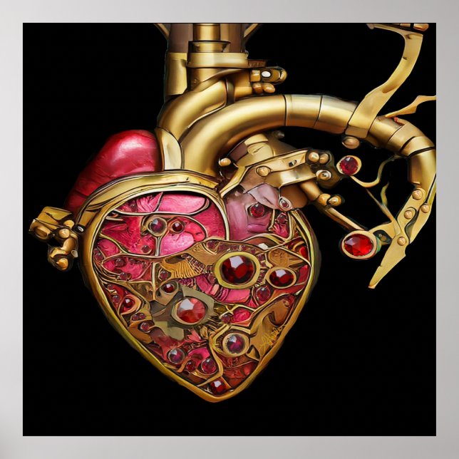 Affiche Steampunk Coeur Anatomique rubis et engrenages (Devant)
