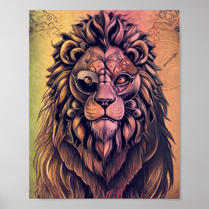 Affiche Steampunk Couleur Gradient Lion Rustique
