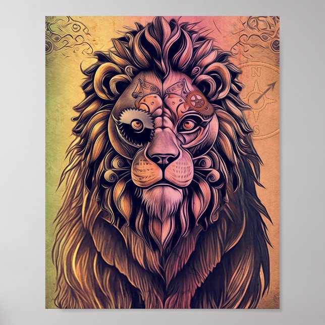 Affiche Steampunk Couleur Gradient Lion Rustique (Devant)