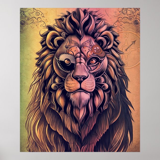 Affiche Steampunk Couleur Gradient Lion Rustique (Devant)