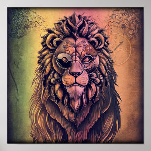 Affiche Steampunk Couleur Gradient Lion Rustique