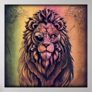 Affiche Steampunk Couleur Gradient Lion Rustique