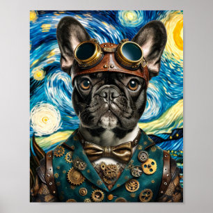 Affiche Steampunk Frenchie dans la nuit étoilée
