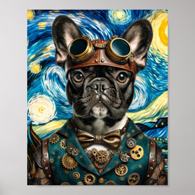Affiche Steampunk Frenchie dans la nuit étoilée (Devant)