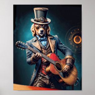 Affiche Steampunk Golden Retriever jouant de la guitare