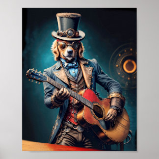 Affiche Steampunk Golden Retriever jouant de la guitare