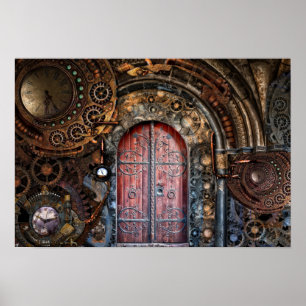 Affiche Steampunk Horloge Horaire Porte