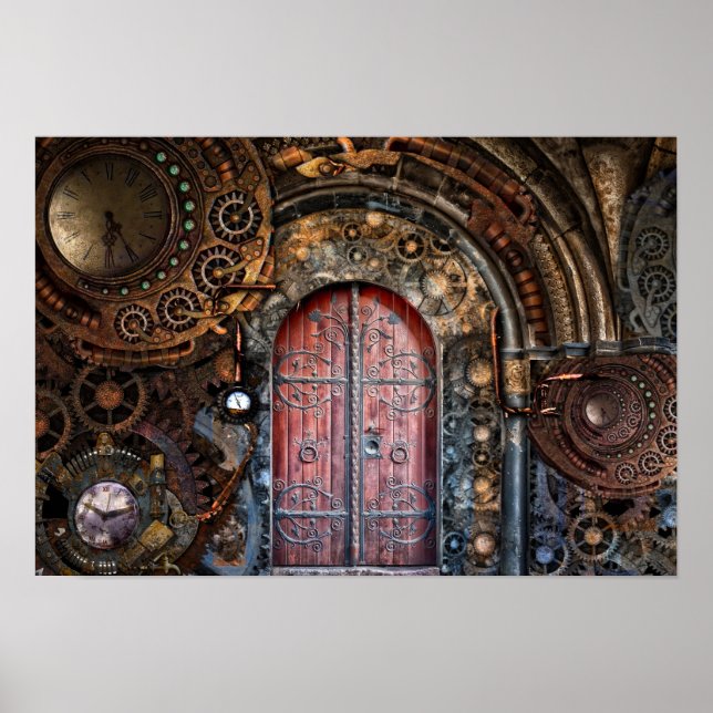 Affiche Steampunk Horloge Horaire Porte (Devant)