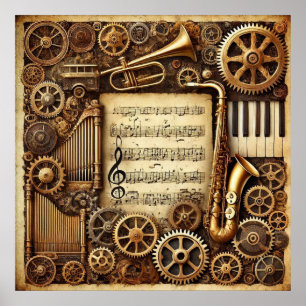 Affiche Steampunk Horns Gears Clavier Feuille Musique