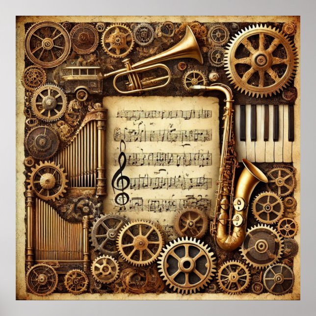 Affiche Steampunk Horns Gears Clavier Feuille Musique (Devant)