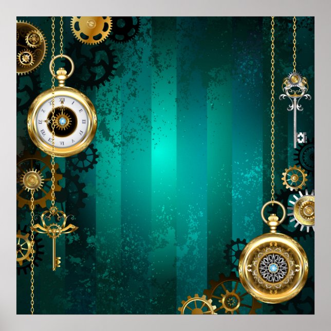 Affiche Steampunk Jewelry Watch on a Green Background (Devant)