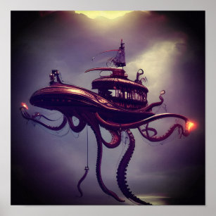 Affiche Steampunk Octopus Ship Imaginaire Art