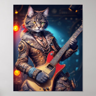 Affiche Steampunk rock cat jouant de la guitare sur scène 