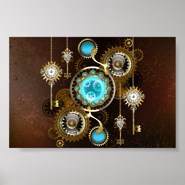 Affiche Steampunk Rusty Background with Turquoise Lenses (Devant)