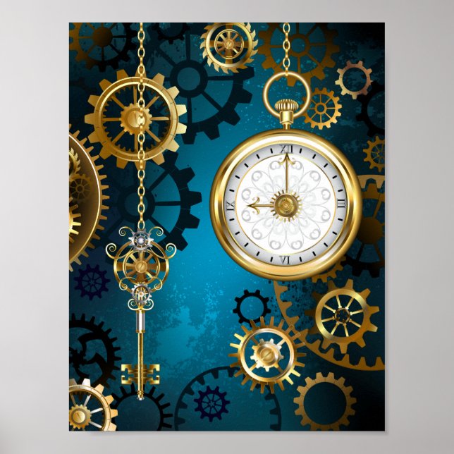 Affiche Steampunk turquoise Background with Gears (Devant)