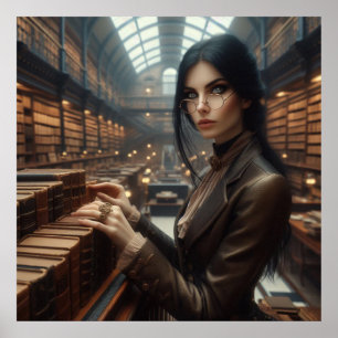 Affiche Steampunk Vintage Victorian Lady Librairie