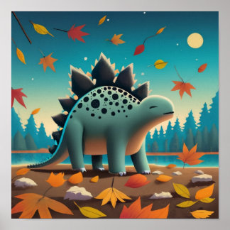 Affiche Stegosaurus Automne avec Feuilles : Mignons Mur Ar
