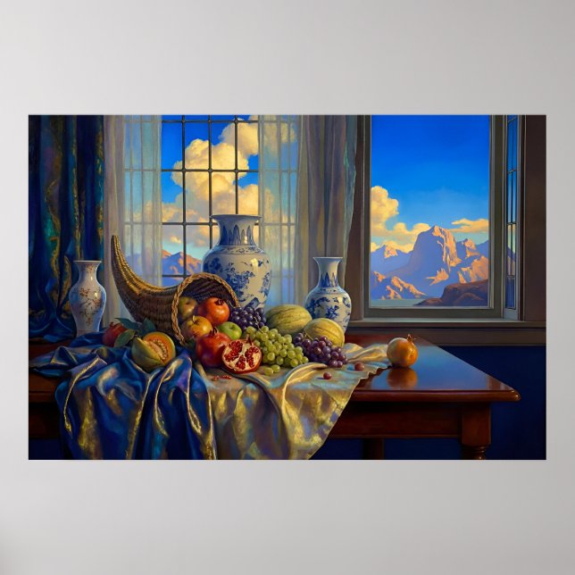 Affiche Still Life with Blue Window and Distant Peaks (Devant)