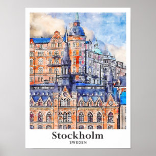 Affiche Stockholm Suède Sketch Aquarelle de voyage