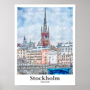 Affiche Stockholm Suède Voyage Aquarelle main tiré