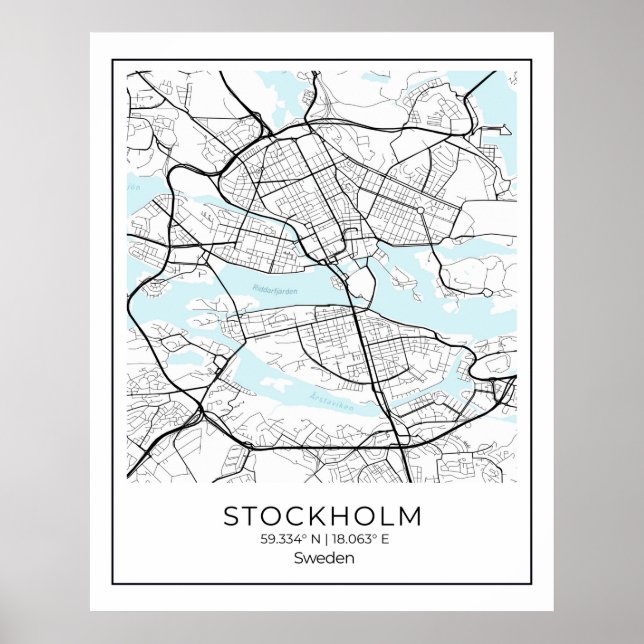 Affiche Stockholm White Map - Carte Mur Décor Art Décor (Devant)