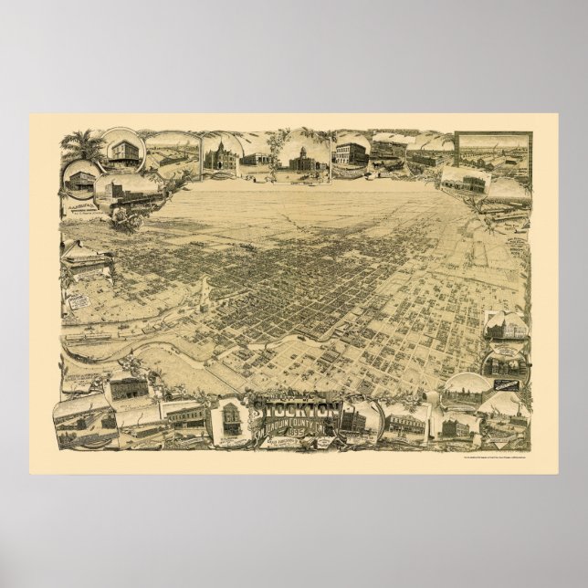 Affiche Stockton, CA Carte panoramique - 1895 (Devant)