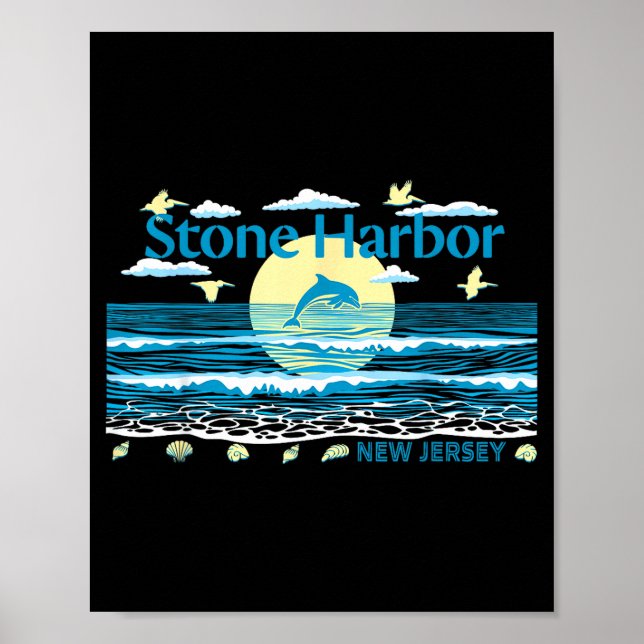 Affiche Stone Harbor NJ Dauphin Pélican Vagues Plage (Devant)