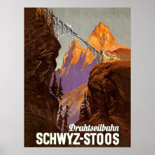 Affiche Stoos, chemin de fer, train sur pont, Suisse