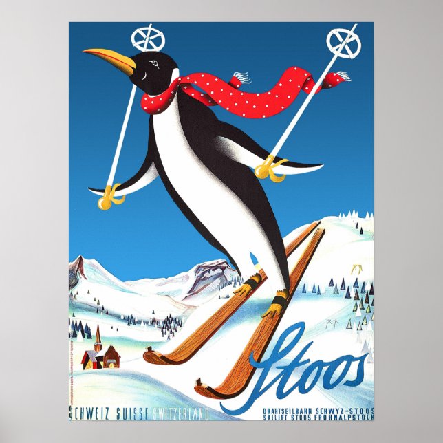 Affiche Stoos, Manchot sur un ski, montagnes suisses (Devant)