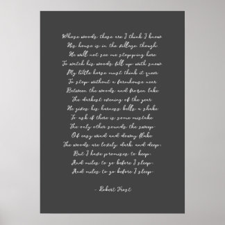 Affiche Stopper par Woods en soirée neige, Robert Frost