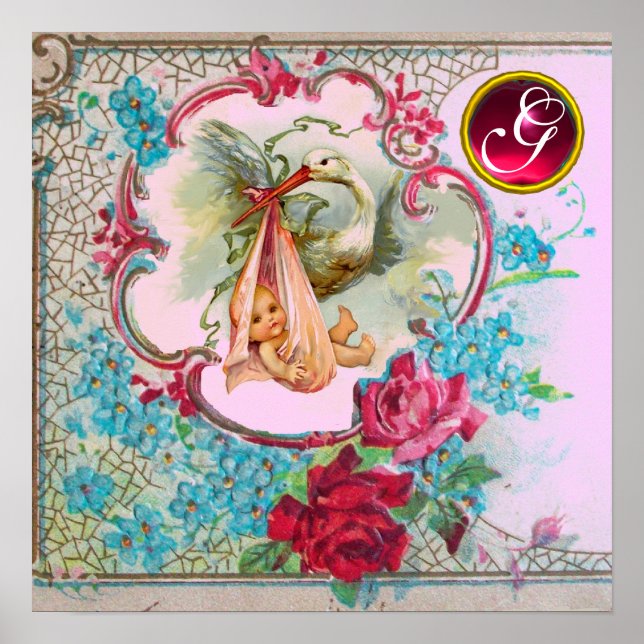 Affiche STORK BÉBÉ FILLE DOUCHE Ruby Gem Pierre Monogramme (Devant)