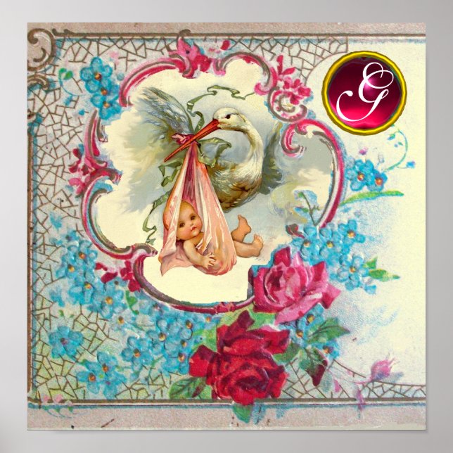 Affiche STORK BÉBÉ FILLE DOUCHE Ruby Gem Pierre Monogramme (Devant)