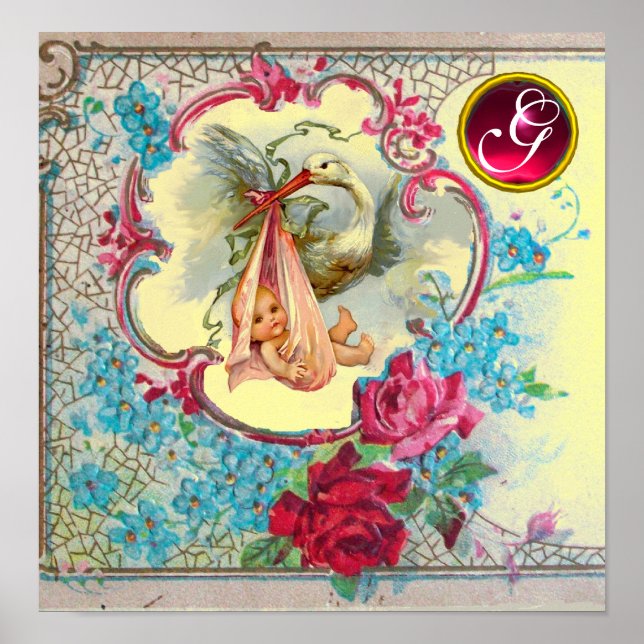Affiche STORK BÉBÉ FILLE DOUCHE Ruby Gem Pierre Monogramme (Devant)