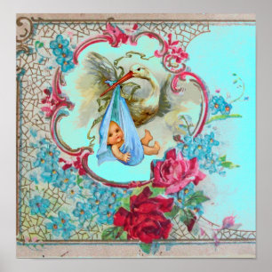 Affiche STORK BÉBÉ GARÇON DOUCHE bleu turquase