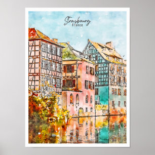 Affiche Strasbourg France aquarelle de voyage vintage