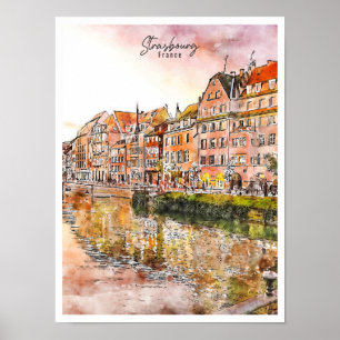 Affiche Strasbourg France aquarelle de voyage vintage