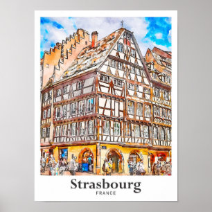 Affiche Strasbourg France Aquarelle Voyage Main tirée