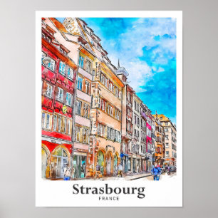 Affiche Strasbourg France Aquarelle Voyage Main tirée