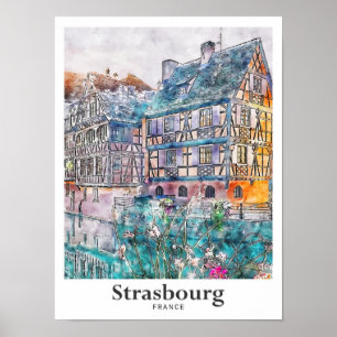 Affiche Strasbourg France Aquarelle Voyage Main tirée