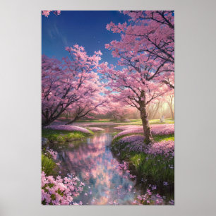 Affiche Stream serene et Sakura Trees